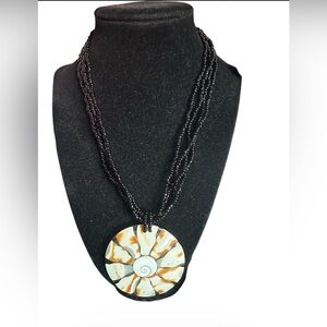 Vintage Black seed bead Necklace with shell pendant
